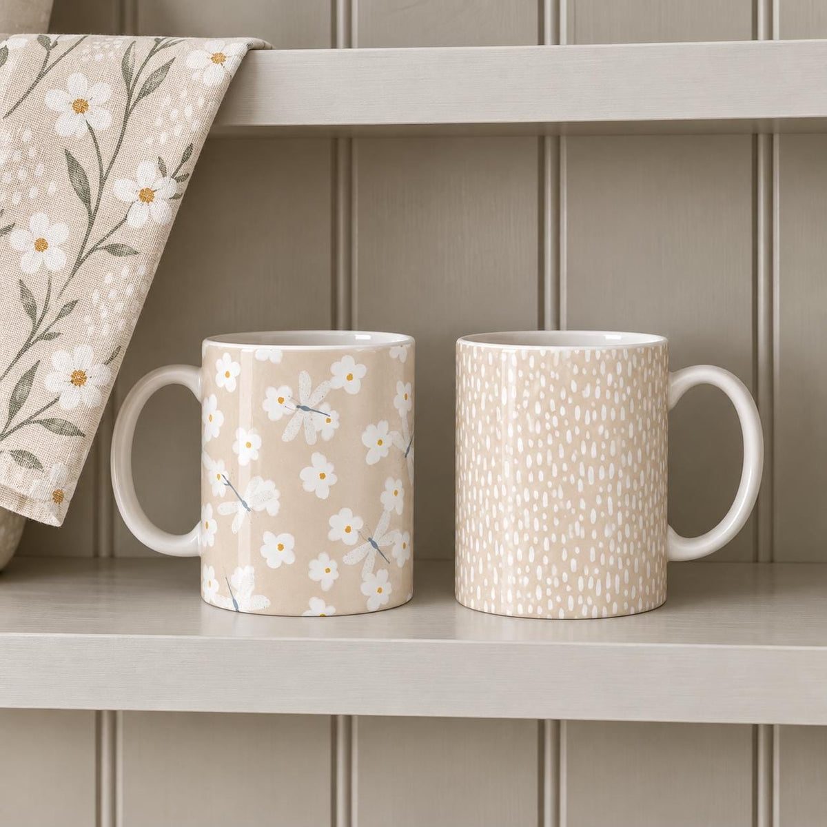 Neutral Daisy Mug Set of 2, 11oz Beige Ceramic Dragonfly Mugs, Scandi Kitchen Gift