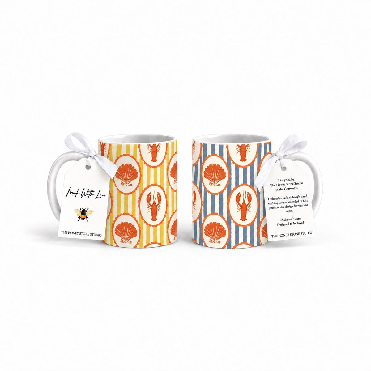 Lobster Mug Set of 2, 11oz Ceramic Coastal Striped Mugs, Nautical Kitchen Gift