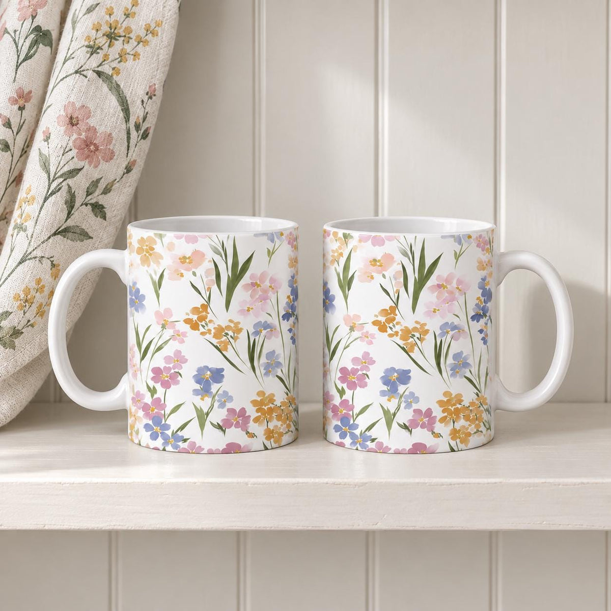 Wildflower Mug Set of 2, 11oz Ceramic Floral Mugs, Cottage Garden Kitchen Gift