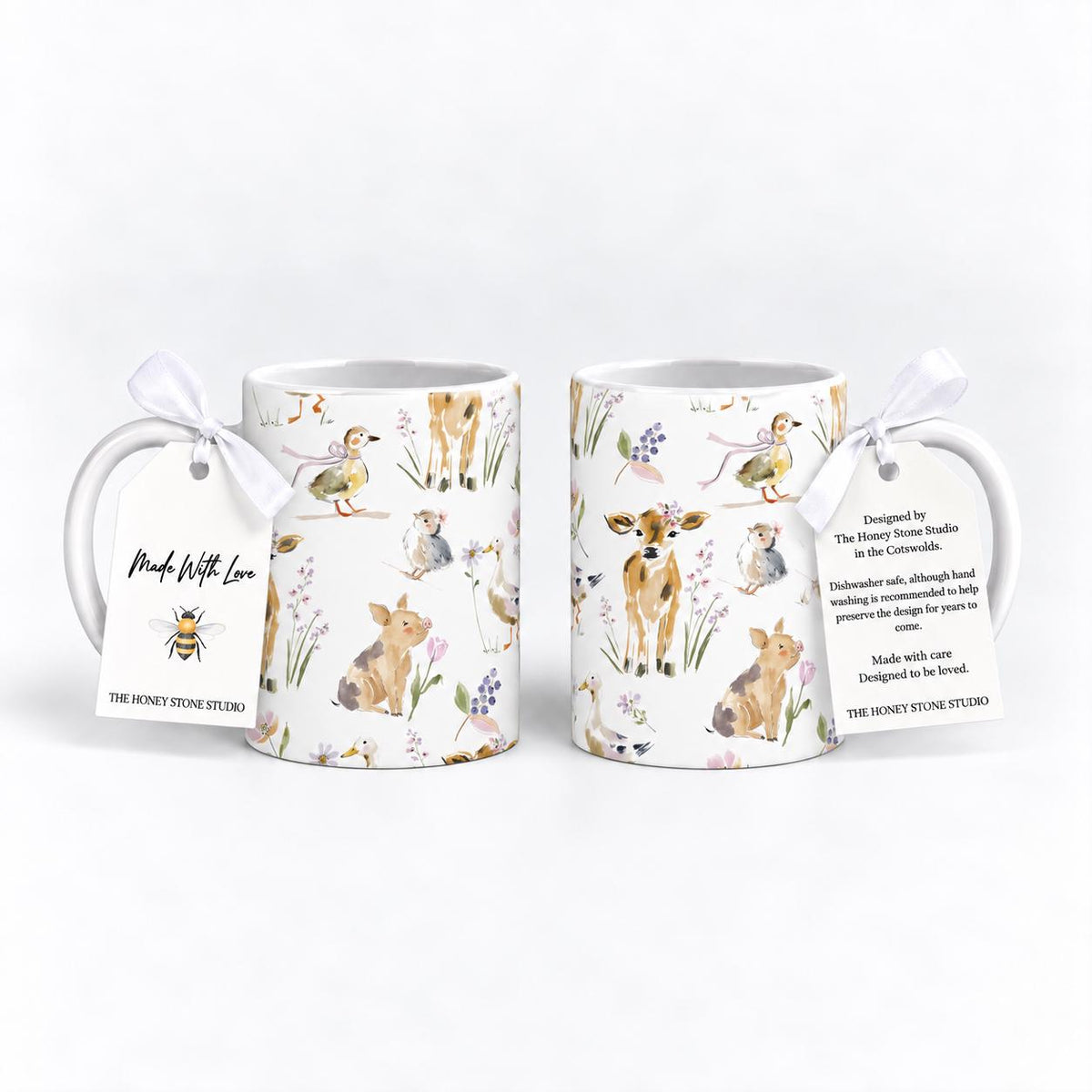 Farm Animal Mug Set, 11oz Ceramic Cow Rabbit Duck Lamb Mugs (Set of 2)