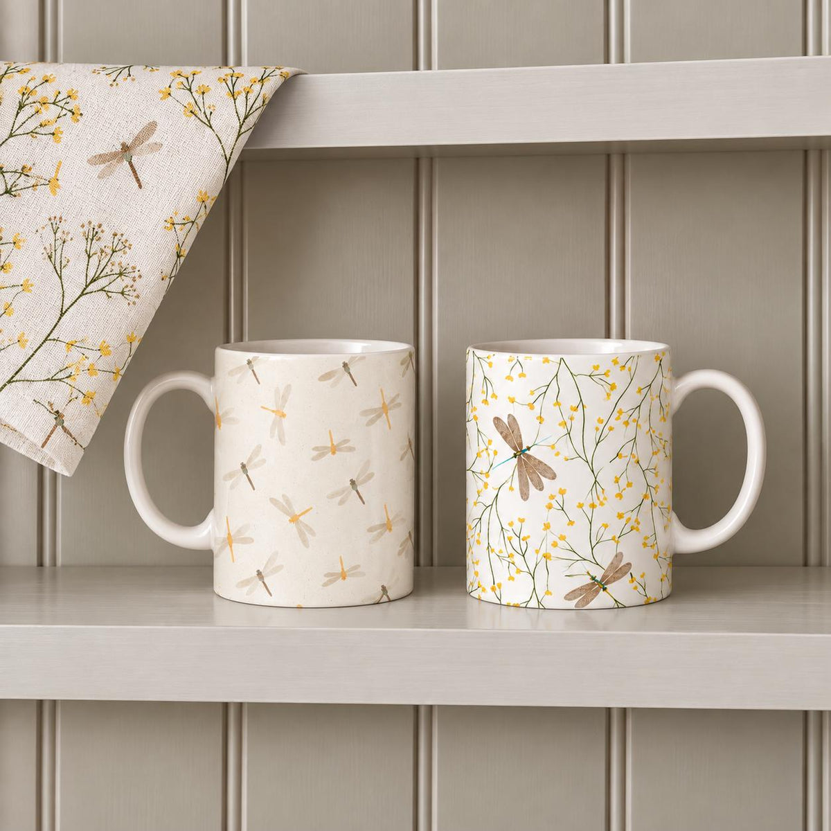 Dragonfly Mug Set of 2, 11oz Ceramic Floral Nature Mugs, Cottage Garden Gift