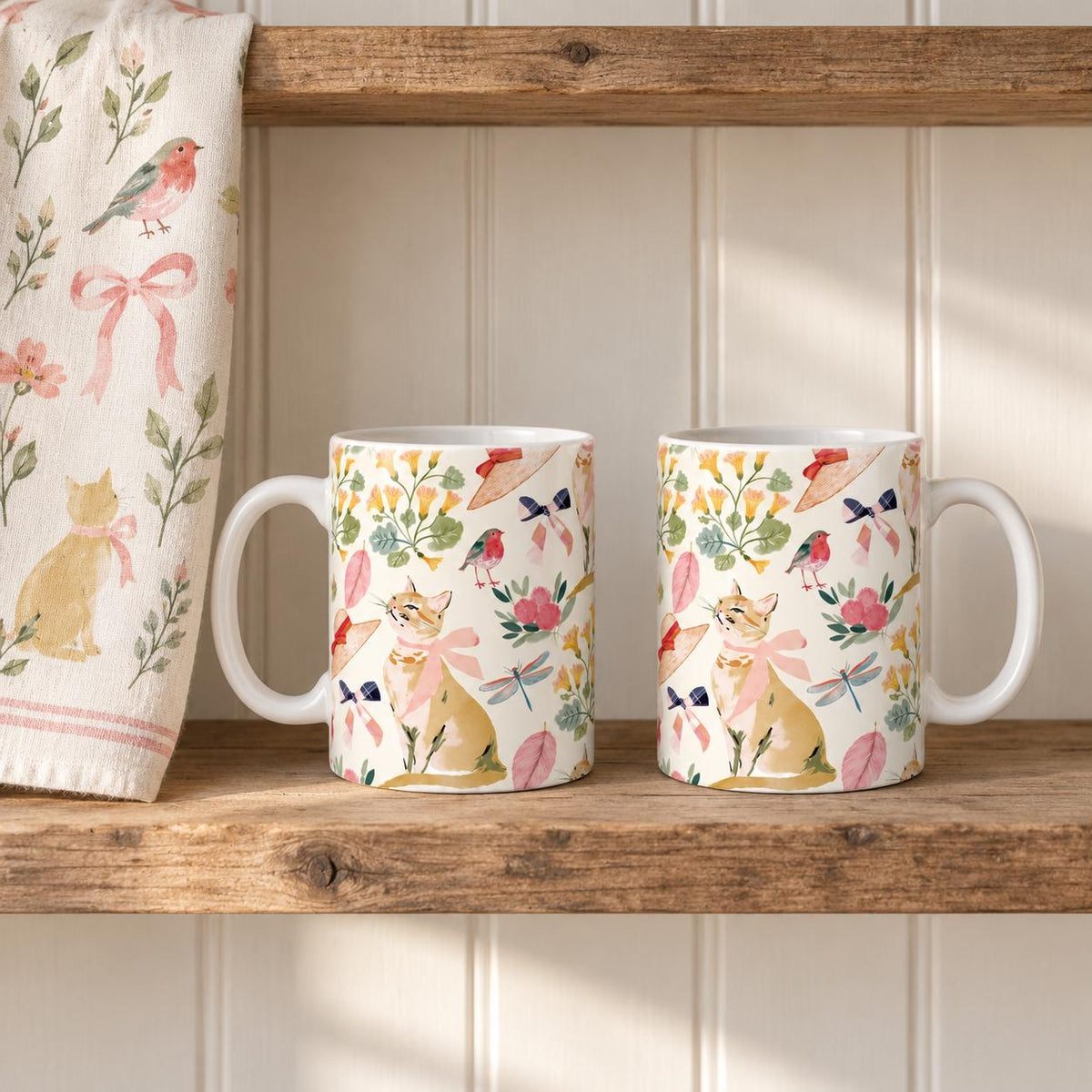 Ginger Cat Mug Set of 2, 11oz Ceramic Floral Garden Mugs, Cat Lover Gift