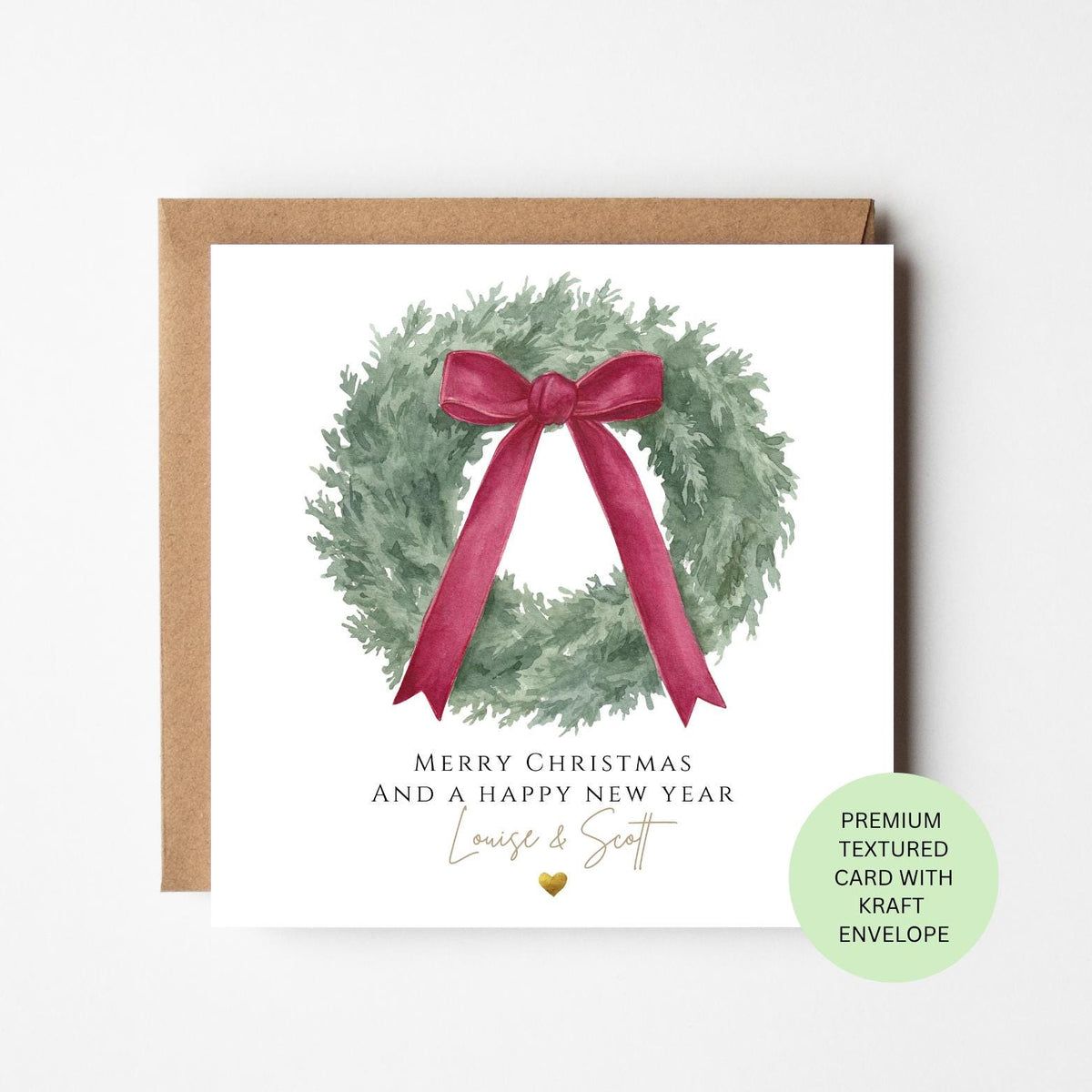 Personalised Christmas Wreath with a Red Bow Card