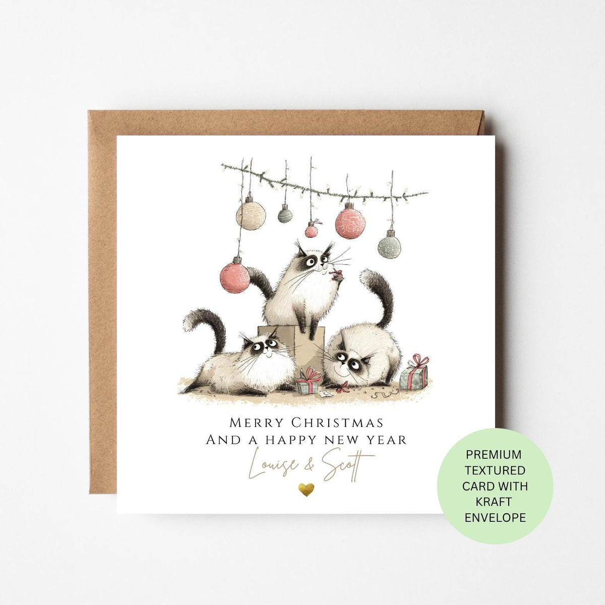 Personalised Three Cats Under Christmas Baubles Card