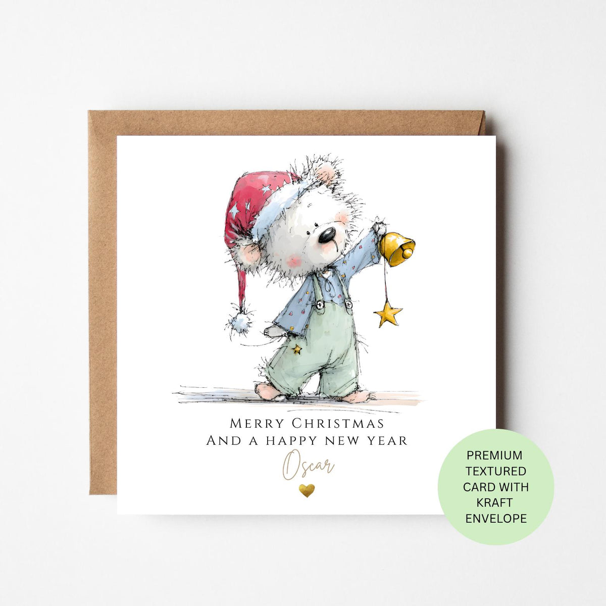 Personalised Christmas Bear Holding a Bell Card for Children