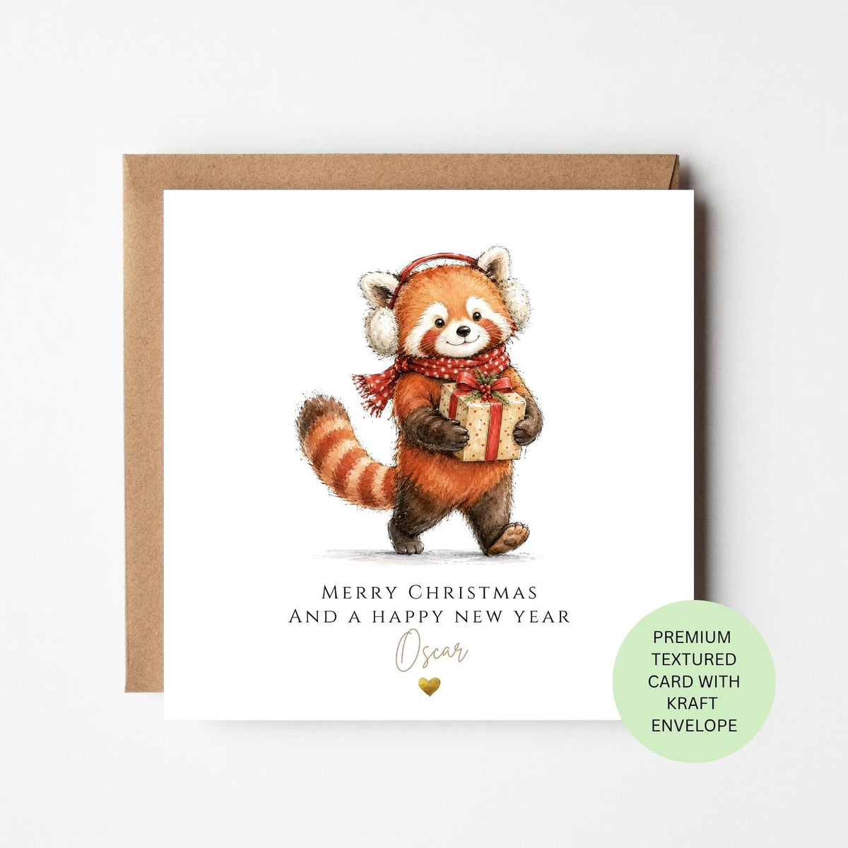 Personalised Red Panda with a Christmas Present Card for Children