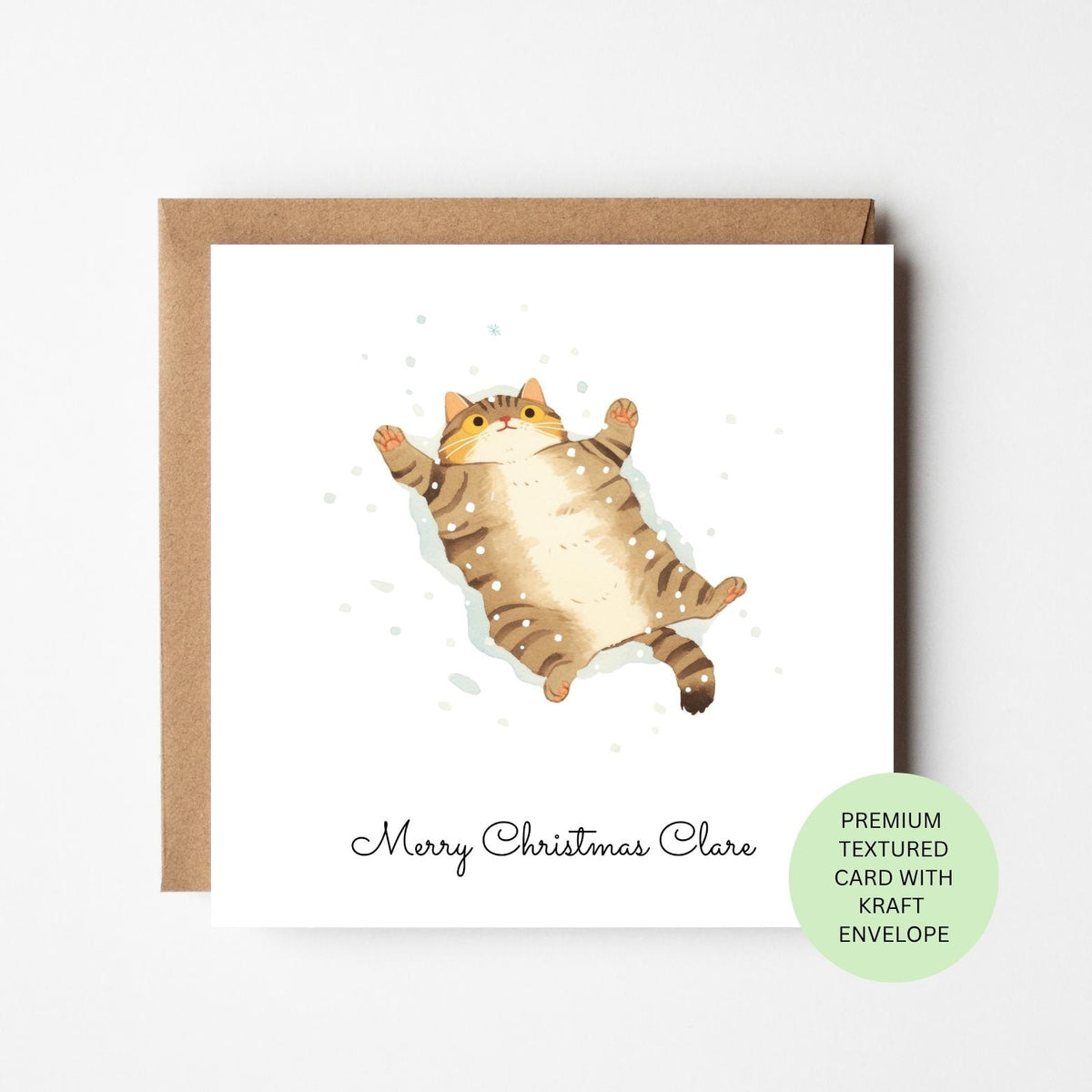 Personalised Cat Making a Snow Angel Christmas Card