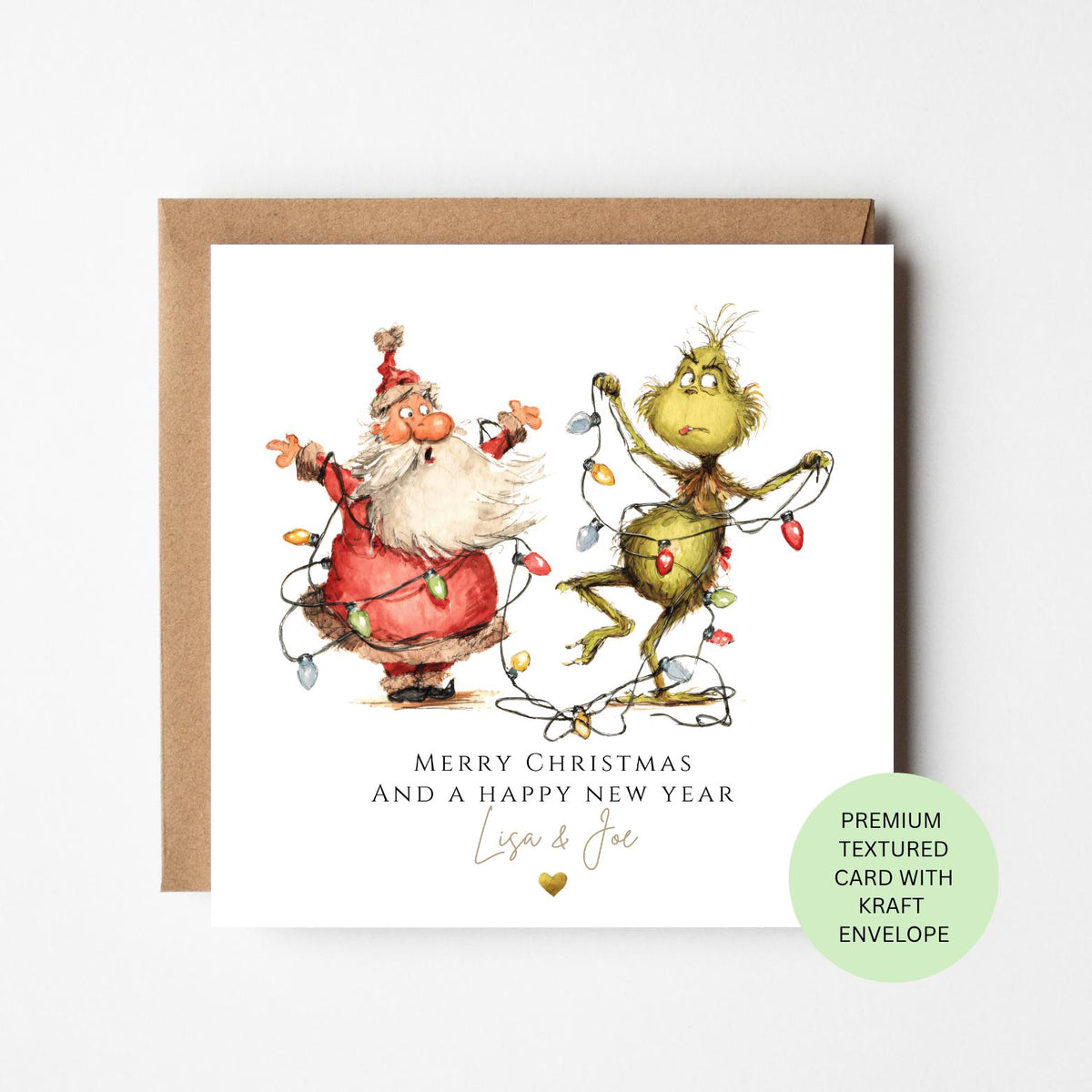 Personalised Santa and a Green Grouch in Fairy Lights Christmas Card
