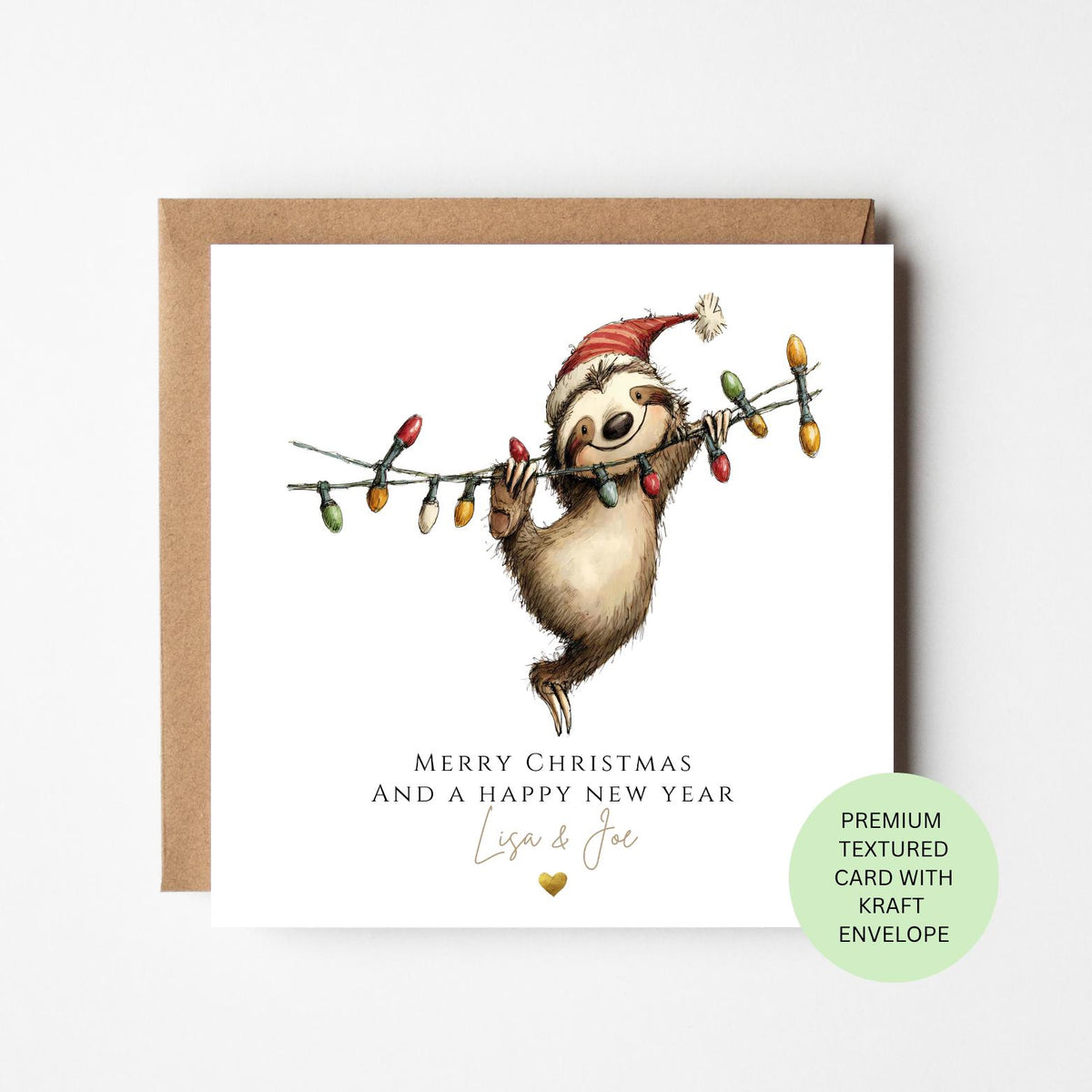 Personalised Sloth Hanging Christmas Fairy Lights Card
