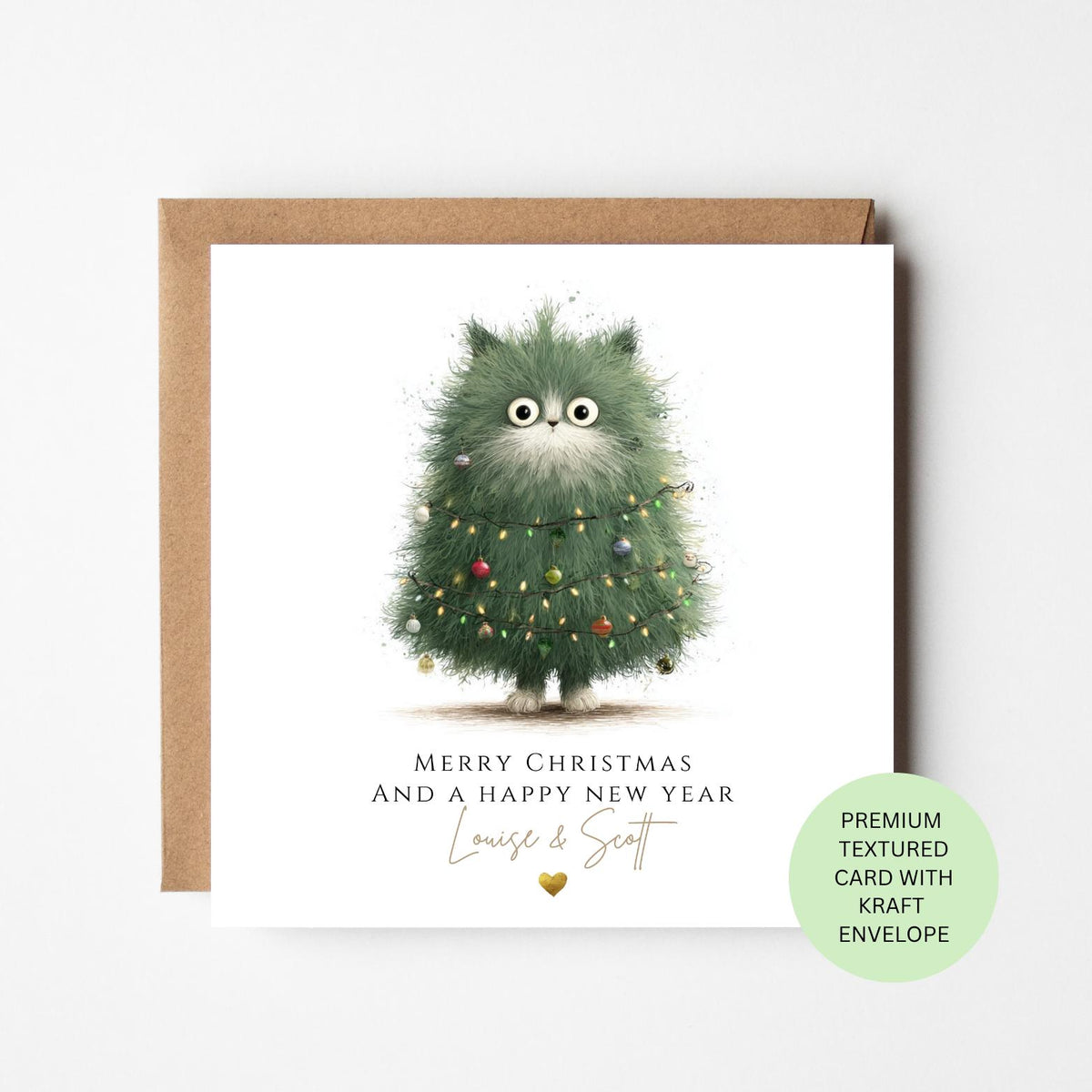 Personalised Fluffy Cat Dressed as a Christmas Tree Card