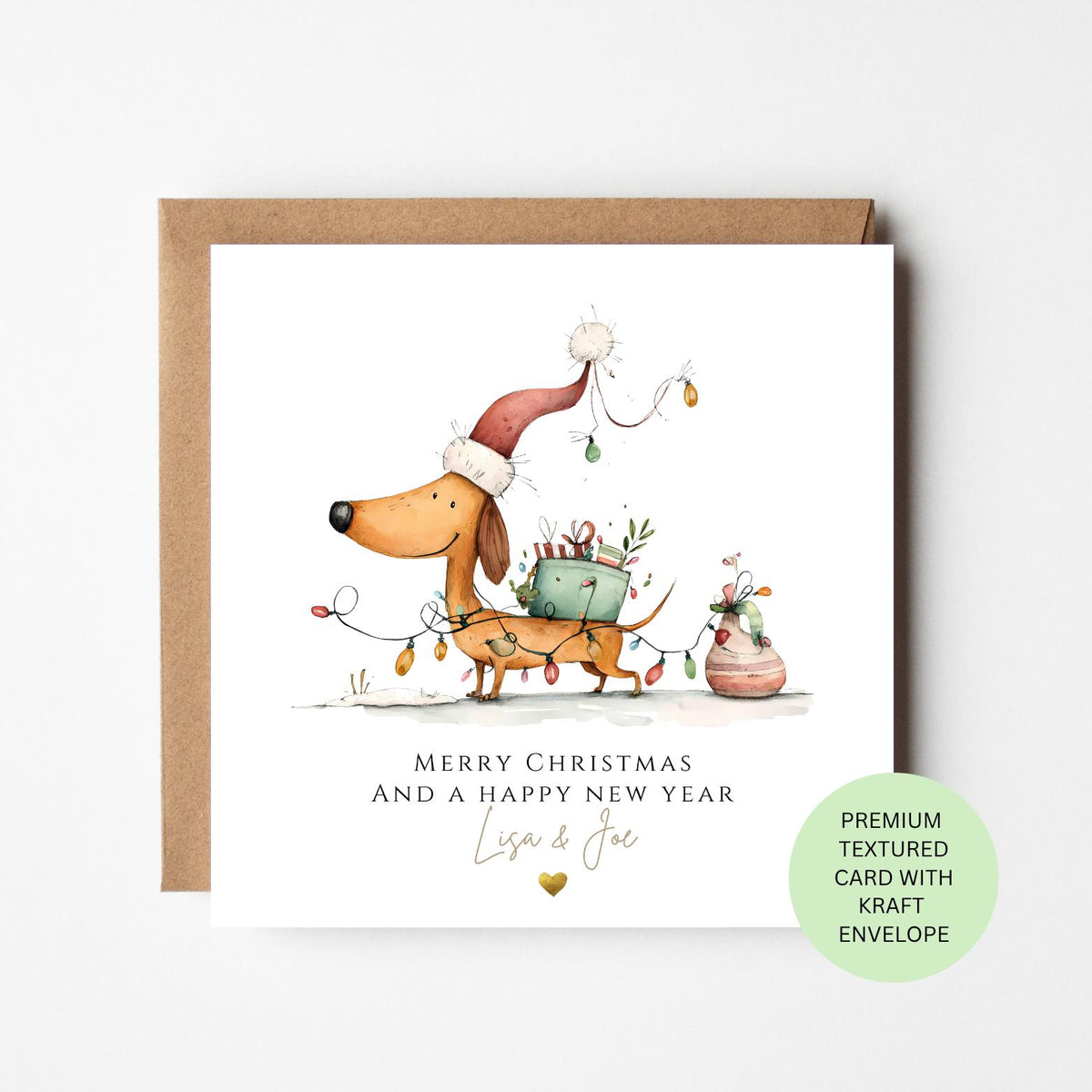 Personalised Dachshund Tangled in Christmas Lights Card