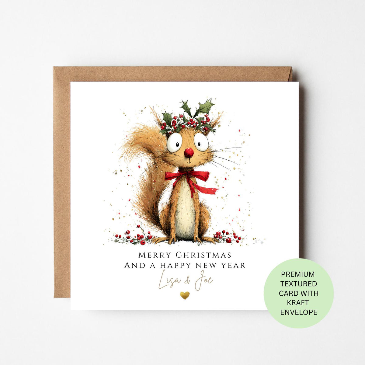 Personalised Squirrel with Holly and a Red Bow Christmas Card