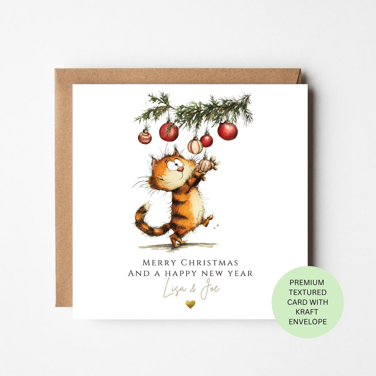 Personalised Ginger Cat Reaching for Christmas Baubles Card