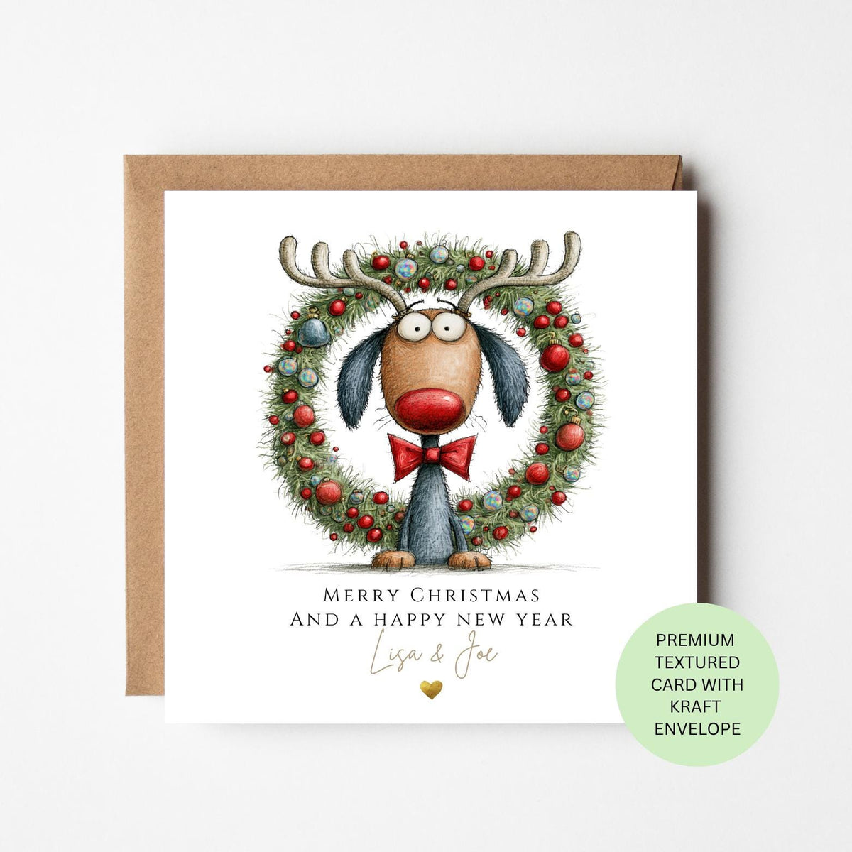 Personalised Reindeer in a Christmas Wreath Card