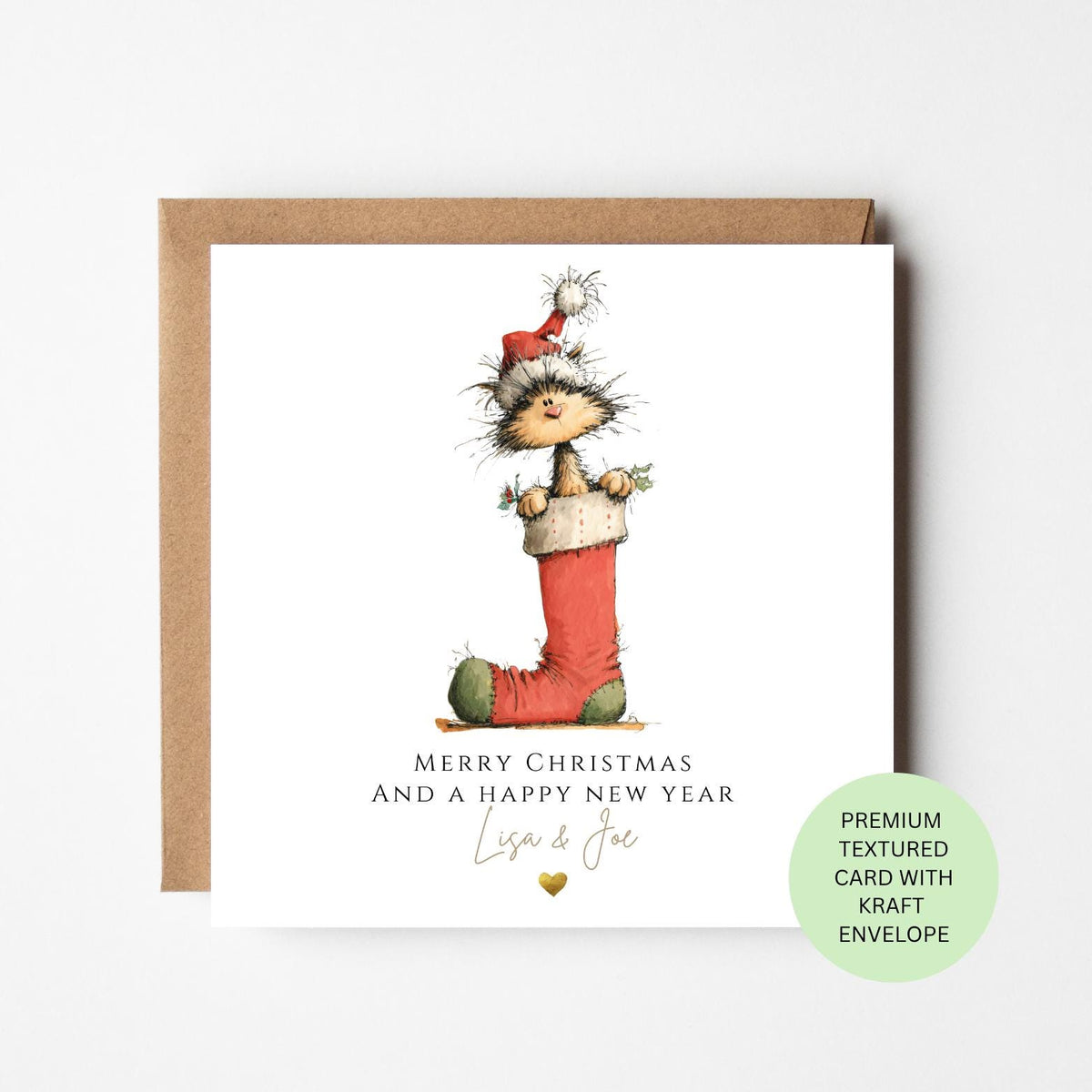 Personalised Fluffy Cat in a Christmas Stocking Card