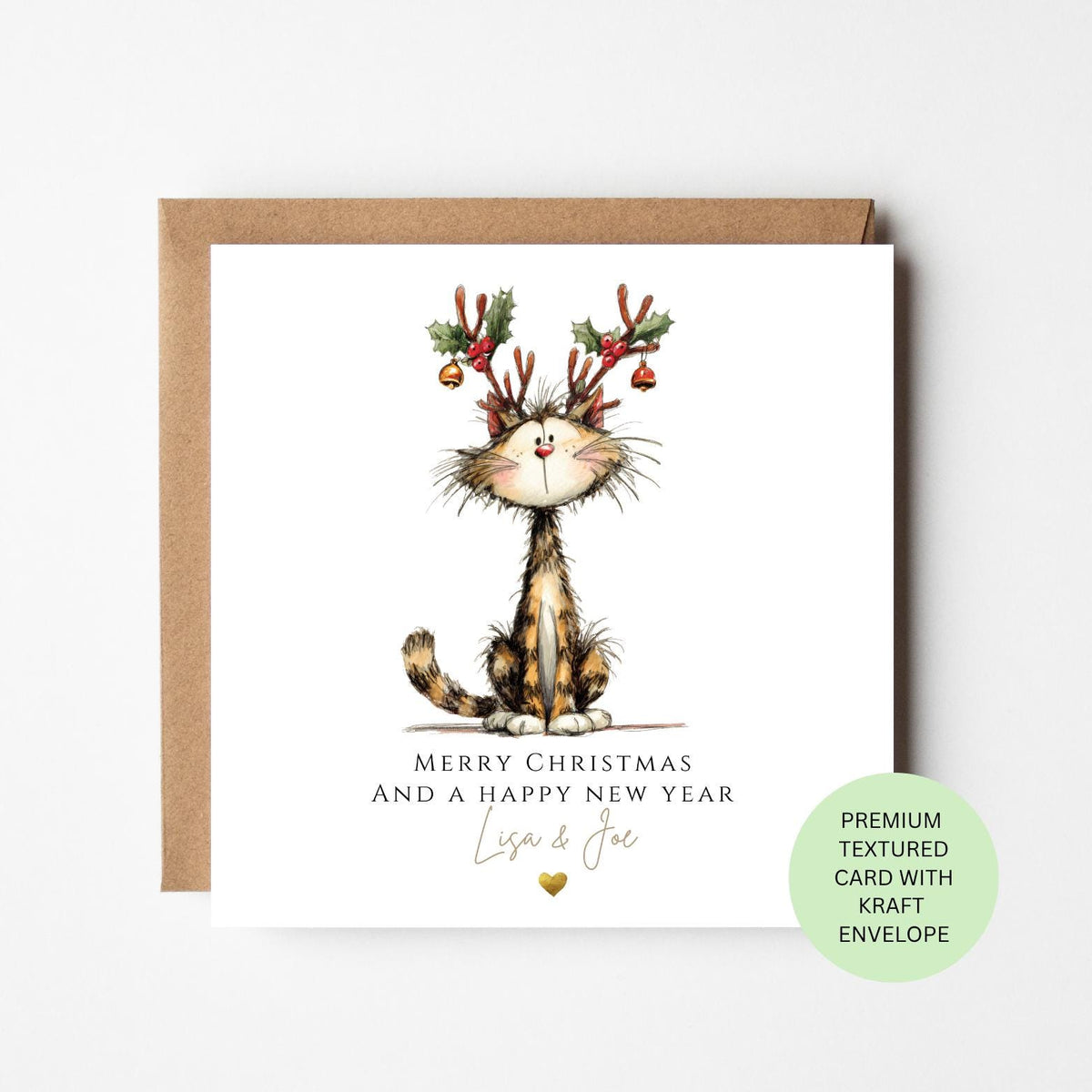 Personalised Tabby Cat with Christmas Antlers Card