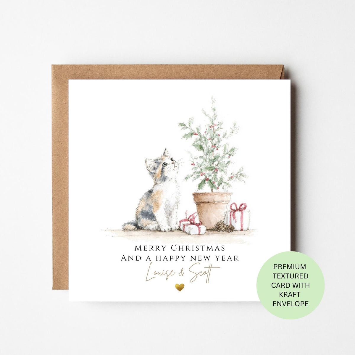 Personalised Grey Cat Beside a Christmas Tree Card