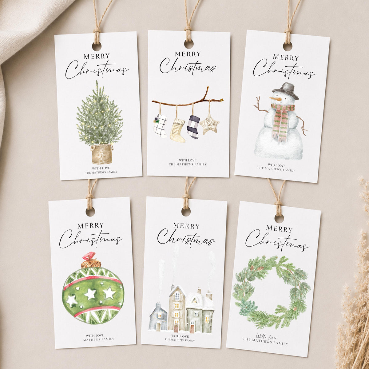 Personalised Christmas Gift Tags, Classic Festive Designs, Jute Tassels (Pack of 6)