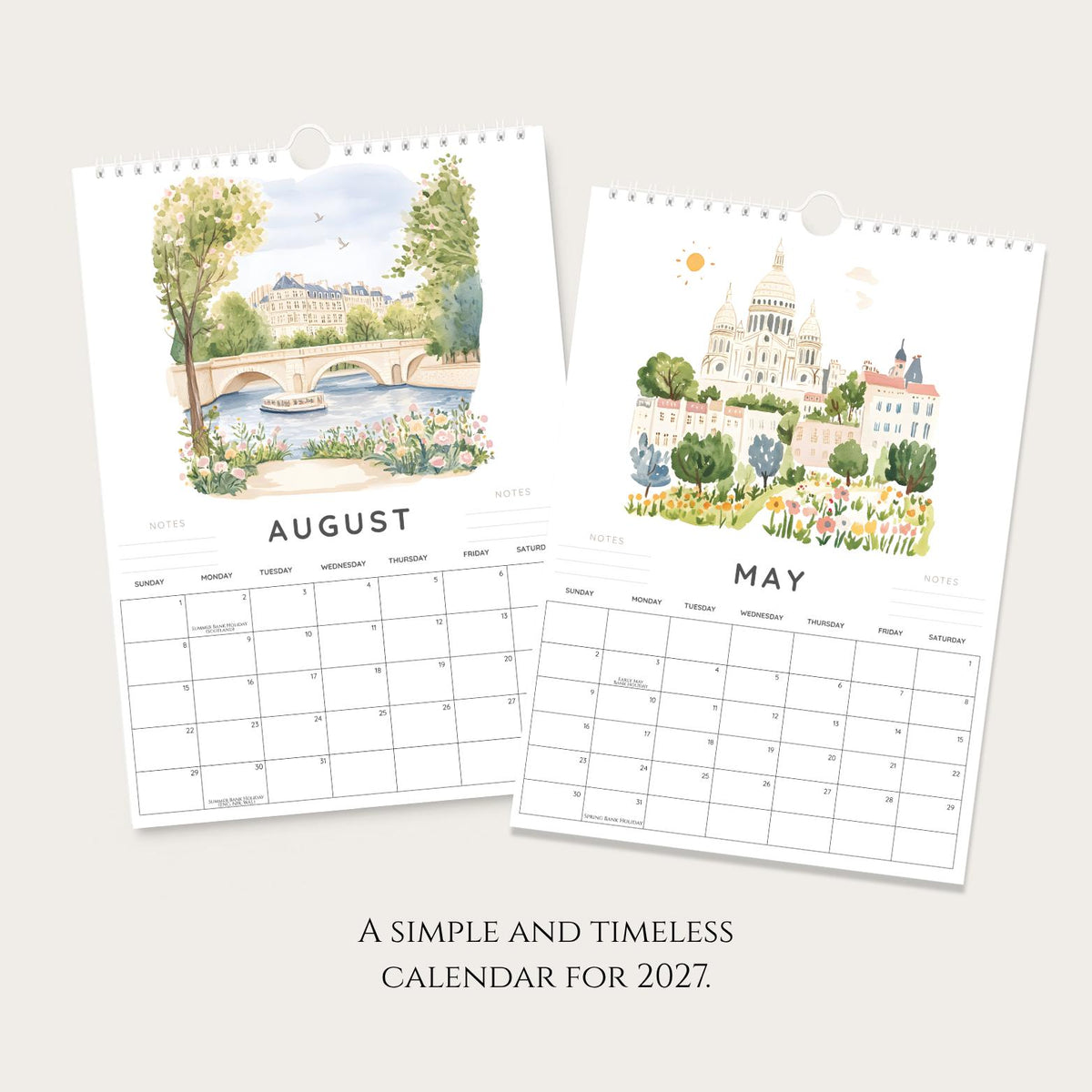 2027 Paris Wall Calendar: A4 Watercolour France Art, Gift for Paris Lovers