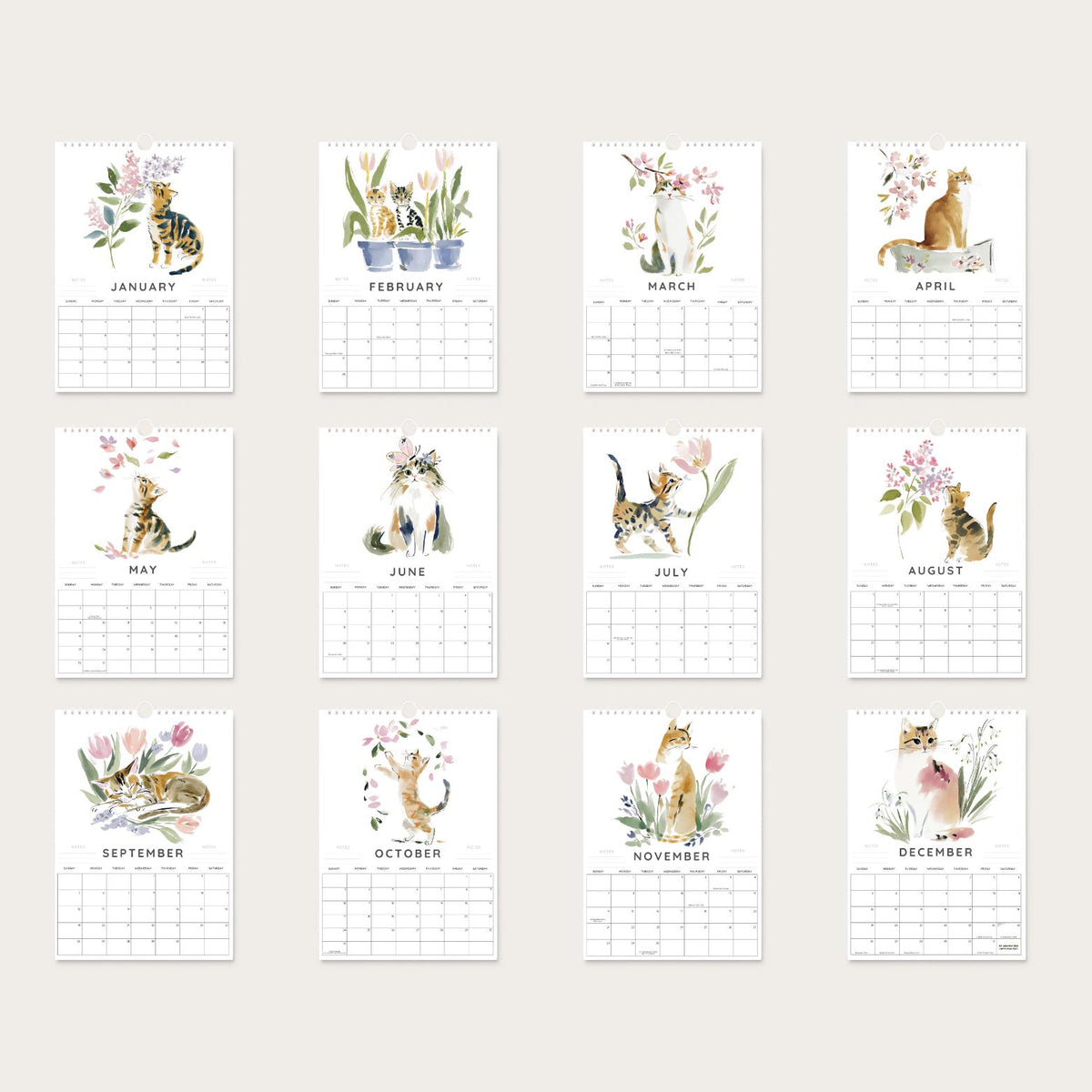 2027 Floral Cat Wall Calendar: A4 Botanical Watercolour Art, Gift for Cat Lovers