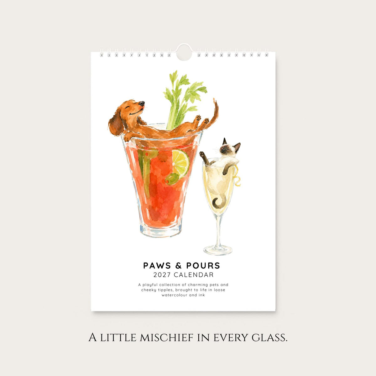2027 A4 Dog & Cat Wall Calendar, Funny Cocktail Watercolour Art