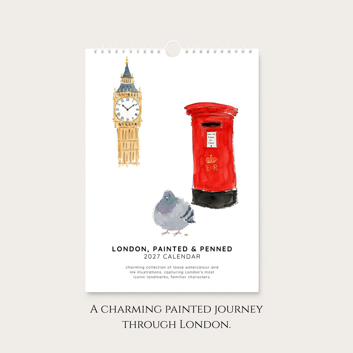 2027 A4 London Icons Wall Calendar, Watercolour & Ink Illustration