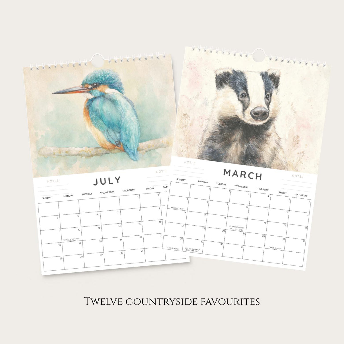 2027 A4 British Wildlife Wall Calendar, Watercolour Animals & Birds