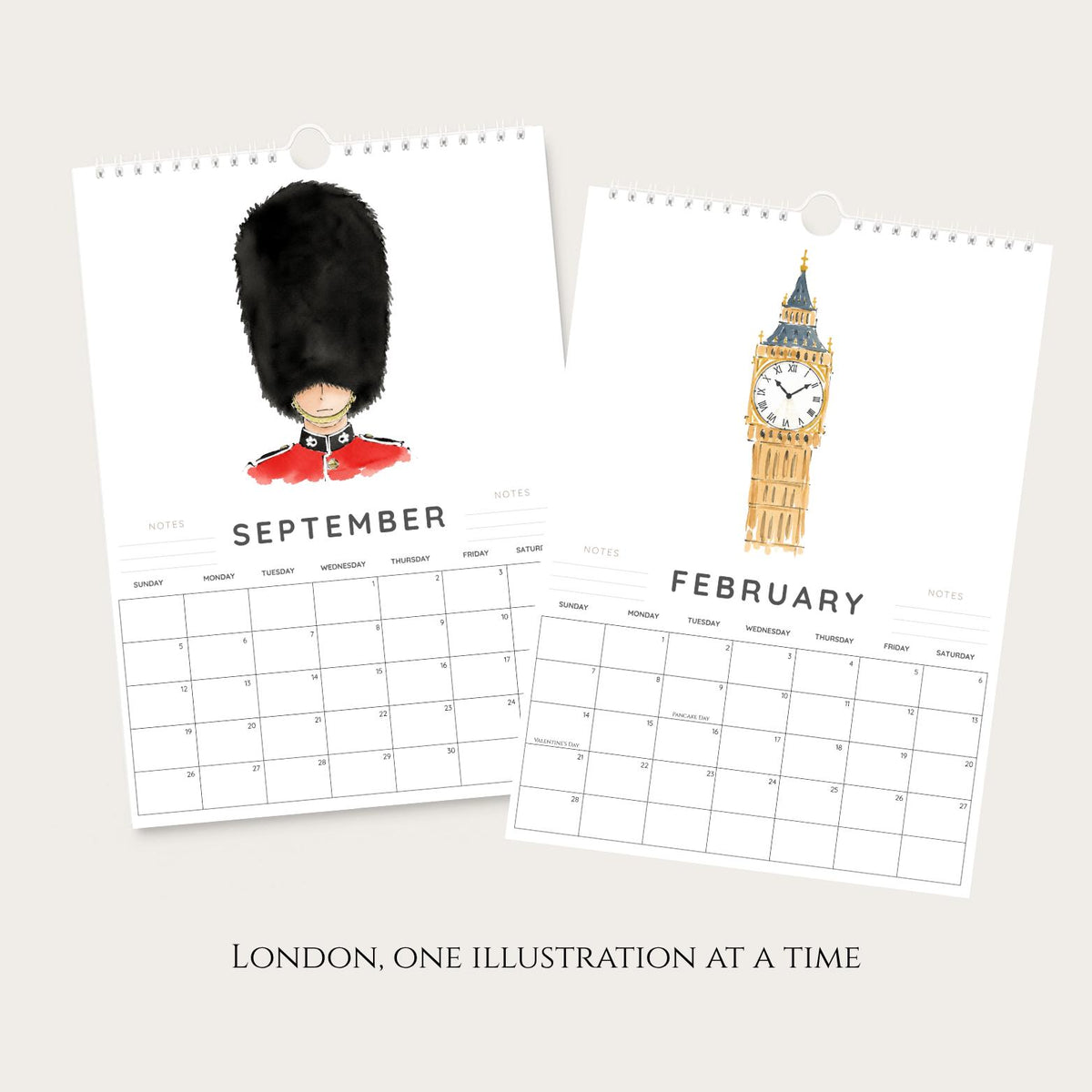 2027 A4 London Icons Wall Calendar, Watercolour & Ink Illustration