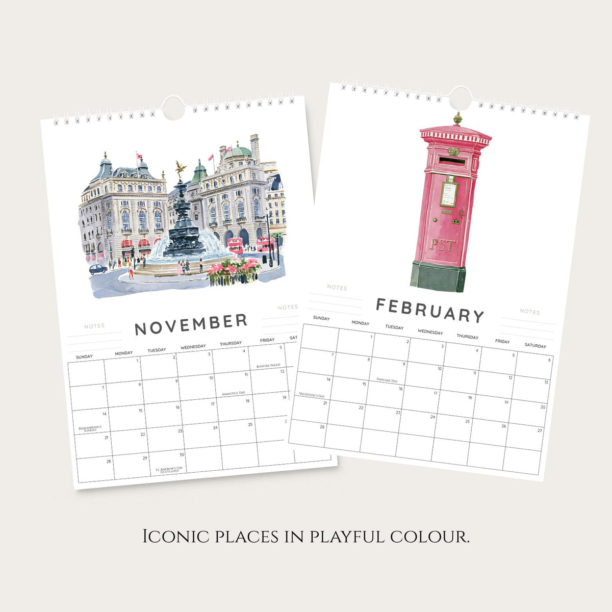 2027 A4 London Landmarks Wall Calendar, Colourful Watercolour City Art