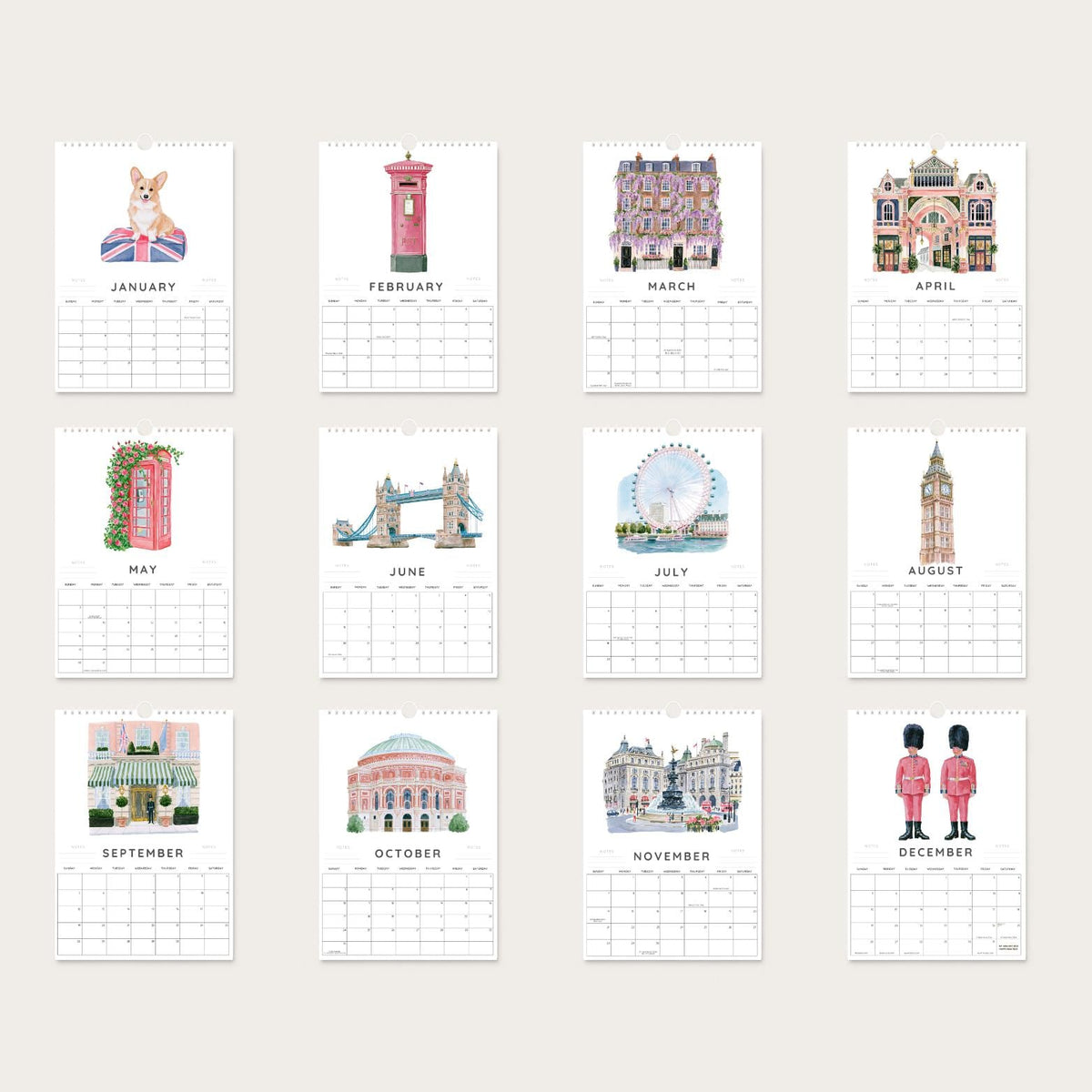 2027 A4 London Landmarks Wall Calendar, Colourful Watercolour City Art