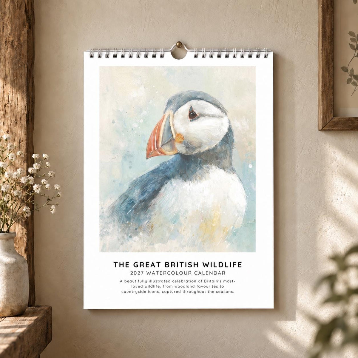 2027 A4 British Wildlife Wall Calendar, Watercolour Animals & Birds