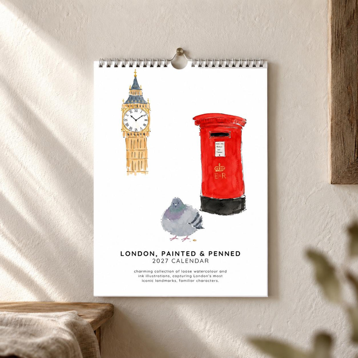 2027 A4 London Icons Wall Calendar, Watercolour & Ink Illustration