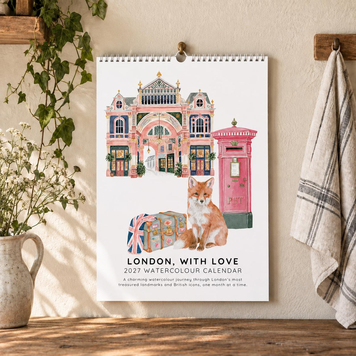 2027 A4 London Landmarks Wall Calendar, Colourful Watercolour City Art