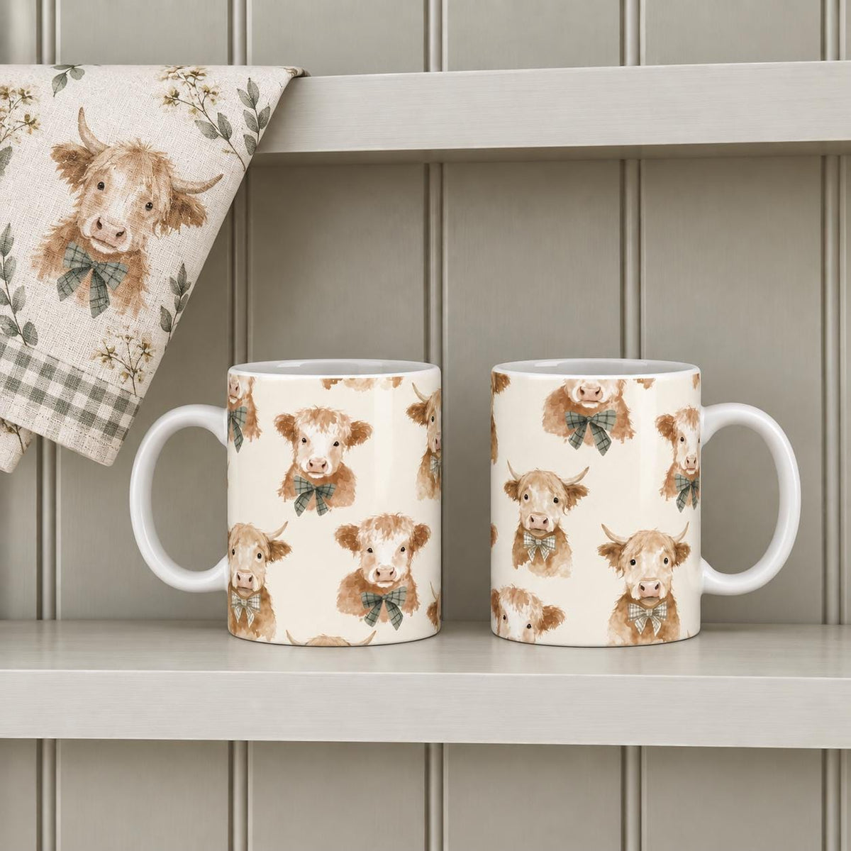 Highland Cow Mug Set of 2, 11oz Ceramic Farm Animal Mugs, Country Kitchen Gift