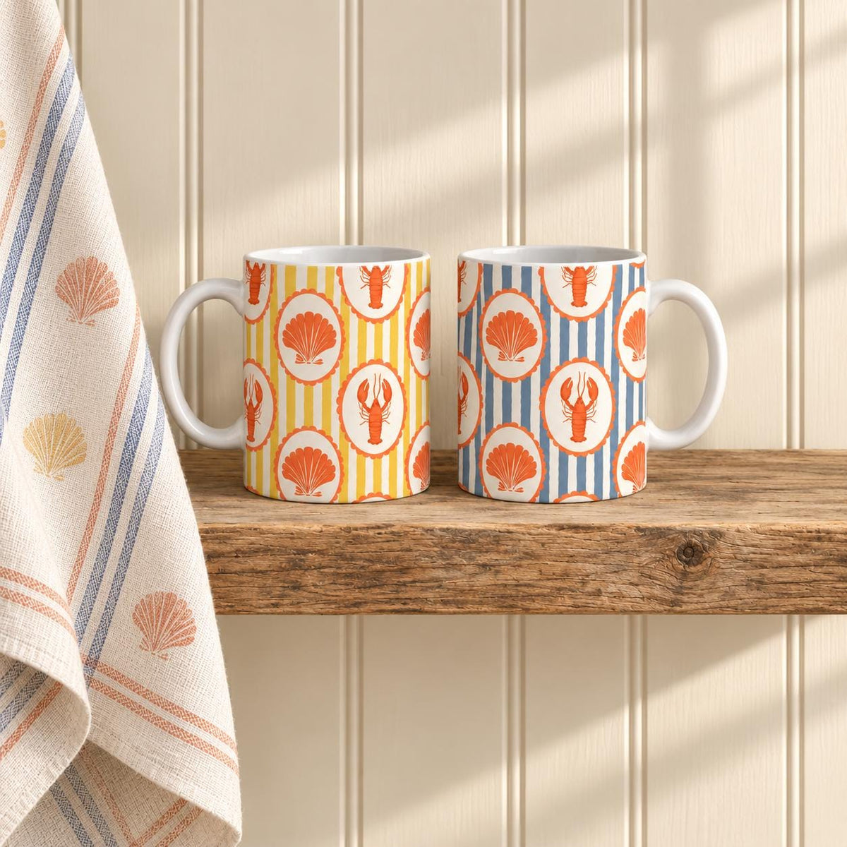 Lobster Mug Set of 2, 11oz Ceramic Coastal Striped Mugs, Nautical Kitchen Gift