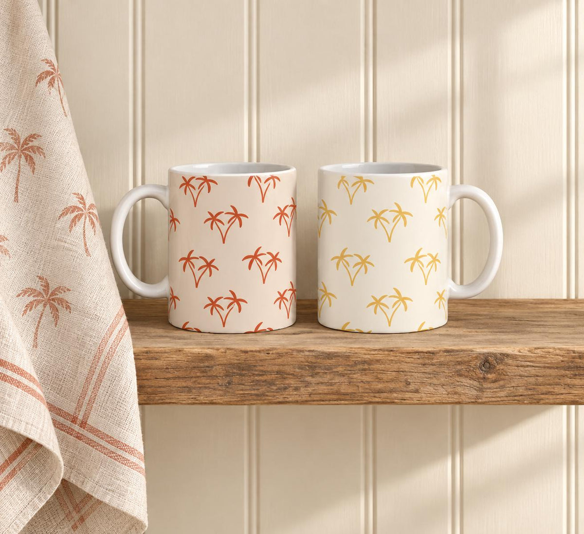 Palm Tree Ceramic Mug Set, Coral-Orange and Mustard-Yellow, 11oz Scandi Kitchen Gift