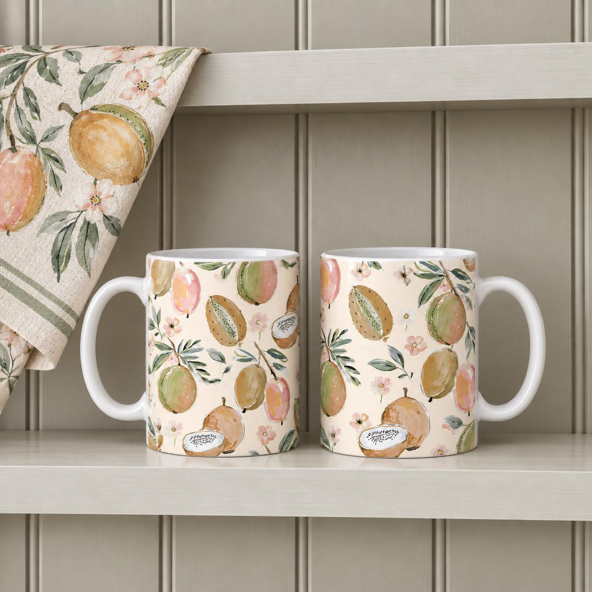 Tropical Fruit and Coconut Mug Set of 2, 11oz Ceramic Mugs, Colourful Kitchen Gift
