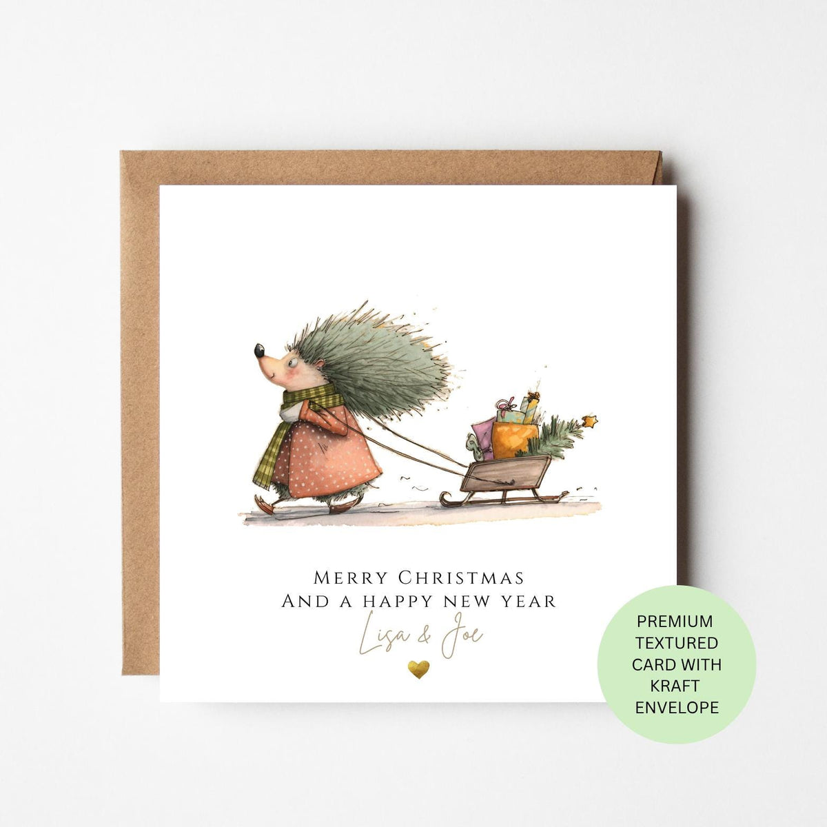 Personalised Hedgehog Pulling a Sleigh of Presents Christmas Card