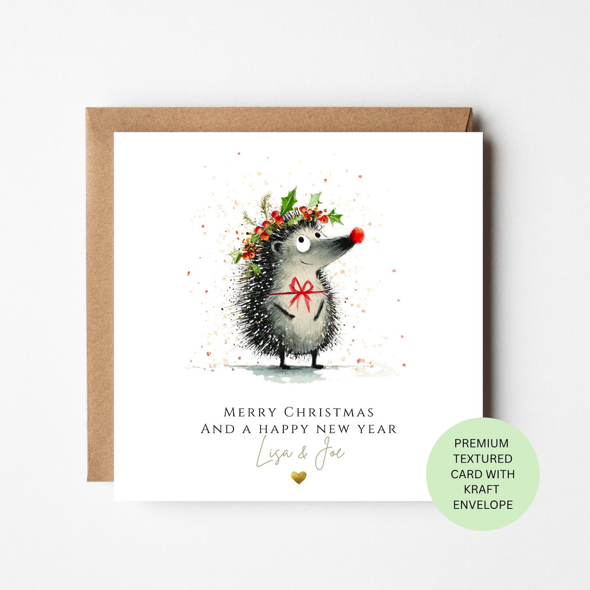 Personalised Hedgehog Holding a Christmas Present Card