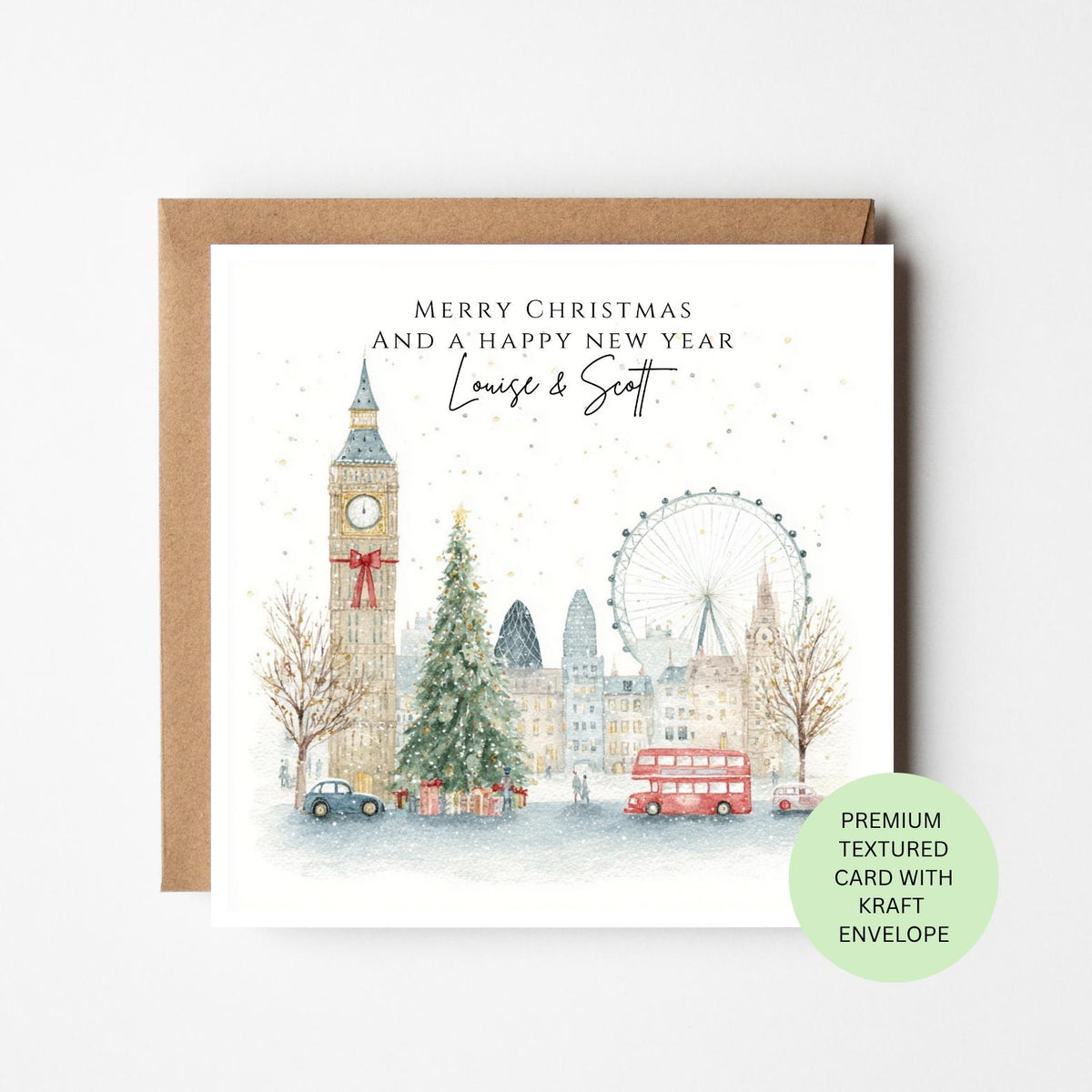 Personalised London Christmas Skyline with Red Bus Card