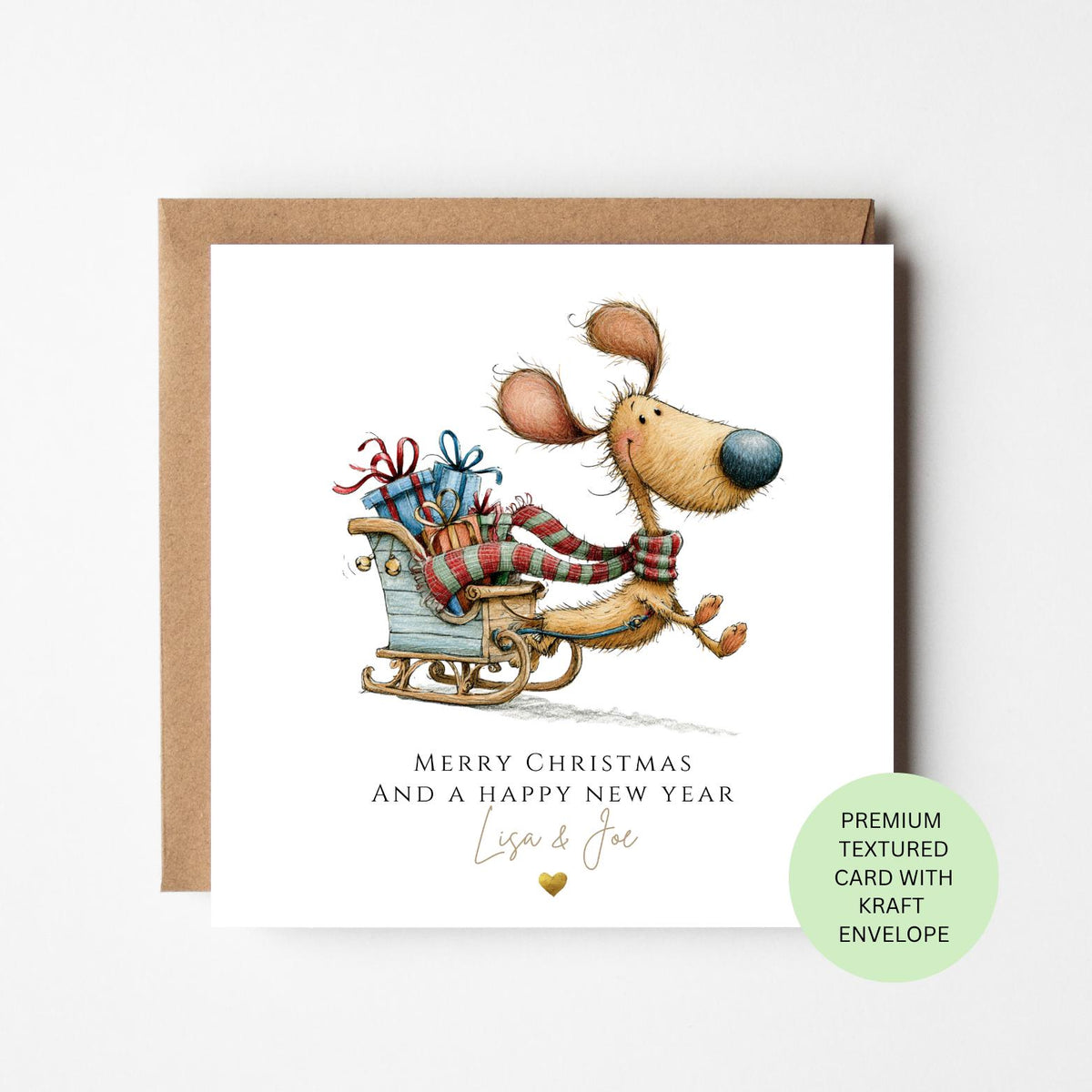 Personalised Dog Riding a Sleigh of Christmas Presents Card