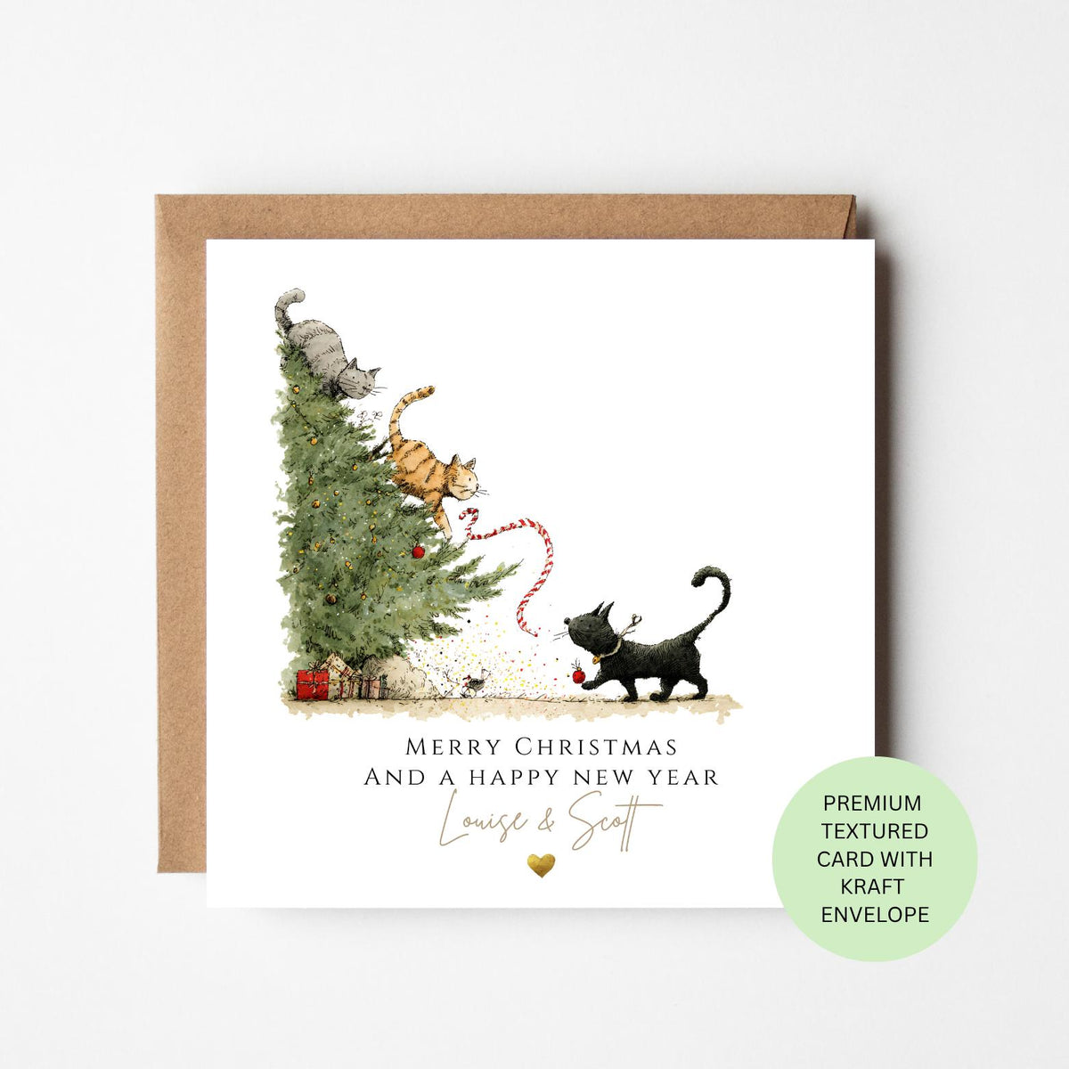 Personalised Cats Hiding Around a Christmas Tree Card