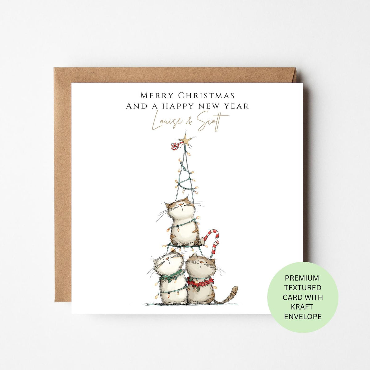 Personalised Stack of Cats Tangled in Christmas Lights Card