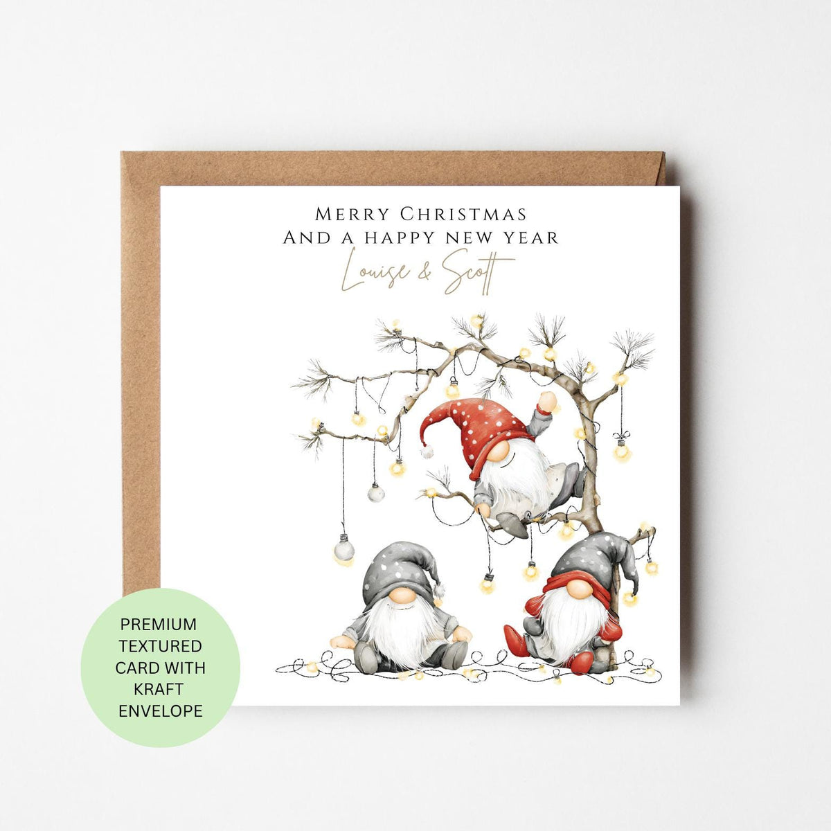 Personalised Gnomes Resting by a Christmas Tree Card