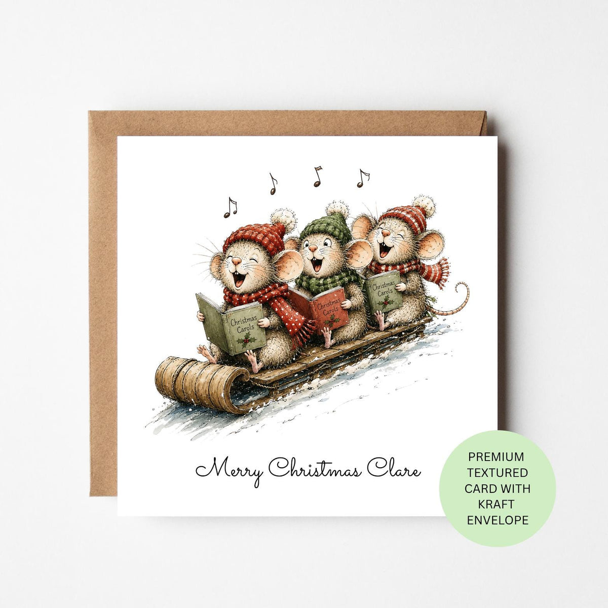 Personalised Mice Carol Singers on a Sledge Christmas Card