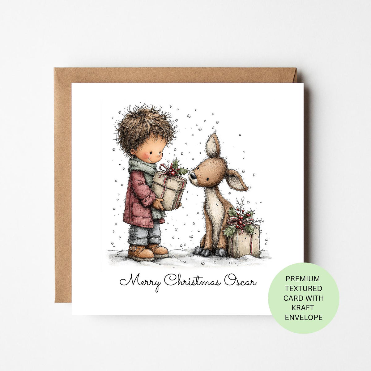 Personalised Boy and Reindeer with a Christmas Present Card
