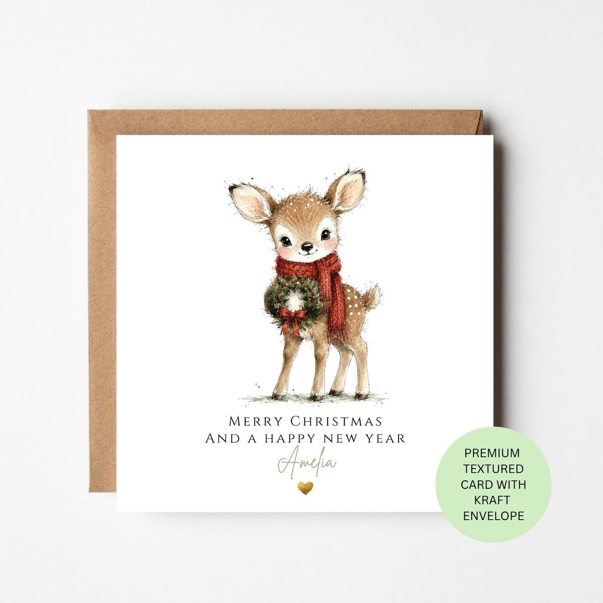 Personalised Fawn with a Christmas Wreath Card for Children
