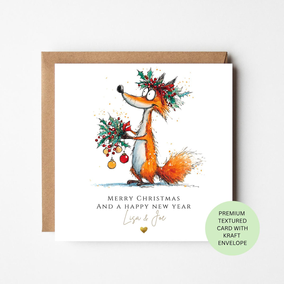 Personalised Fox Carrying Holly and Baubles Christmas Card