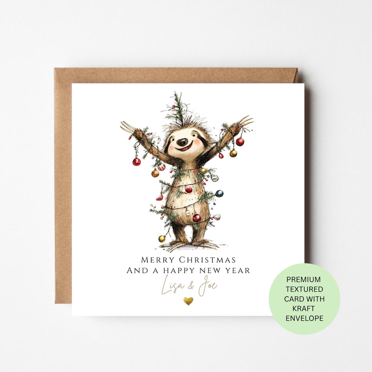 Personalised Happy Sloth Wrapped in Christmas Baubles Card