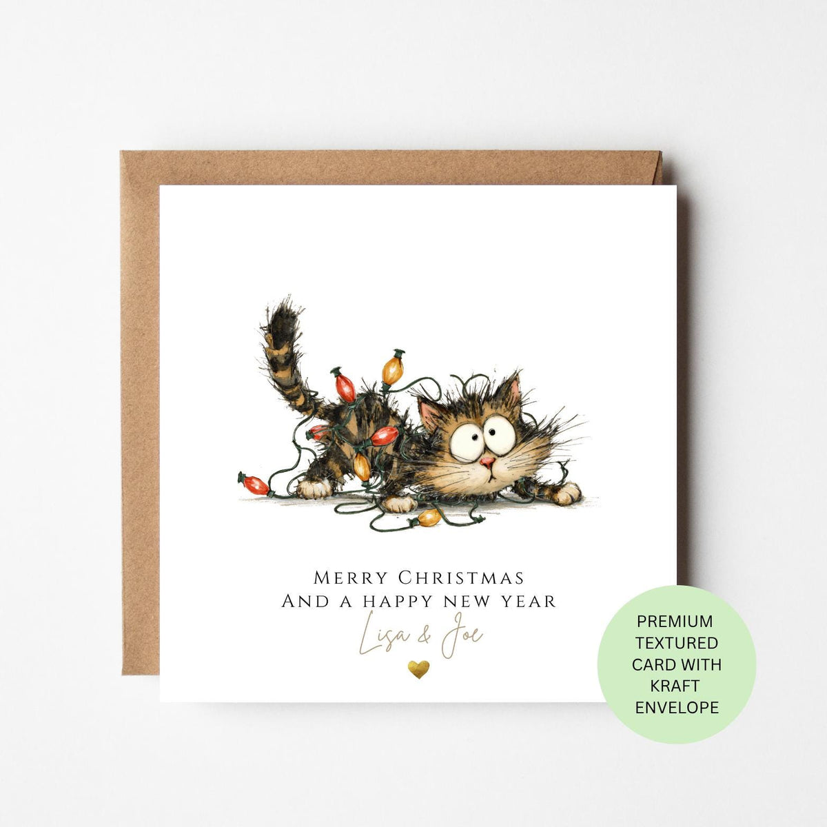 Personalised Playful Cat Caught in Lights Christmas Card